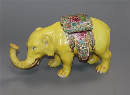 A Samson of Paris yellow model of a caparisoned elephant in Chinese style width 24cm